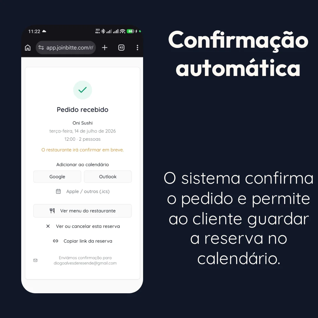 Ecrã de confirmação automática do pedido de reserva